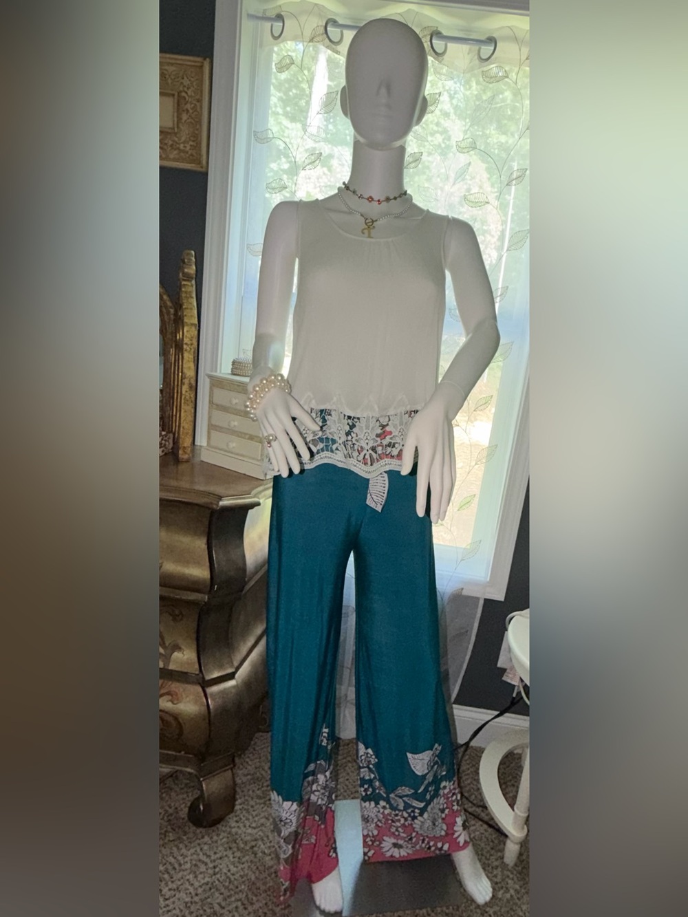 NWOT Flowy Teal, White and Coral Wide Leg Pants